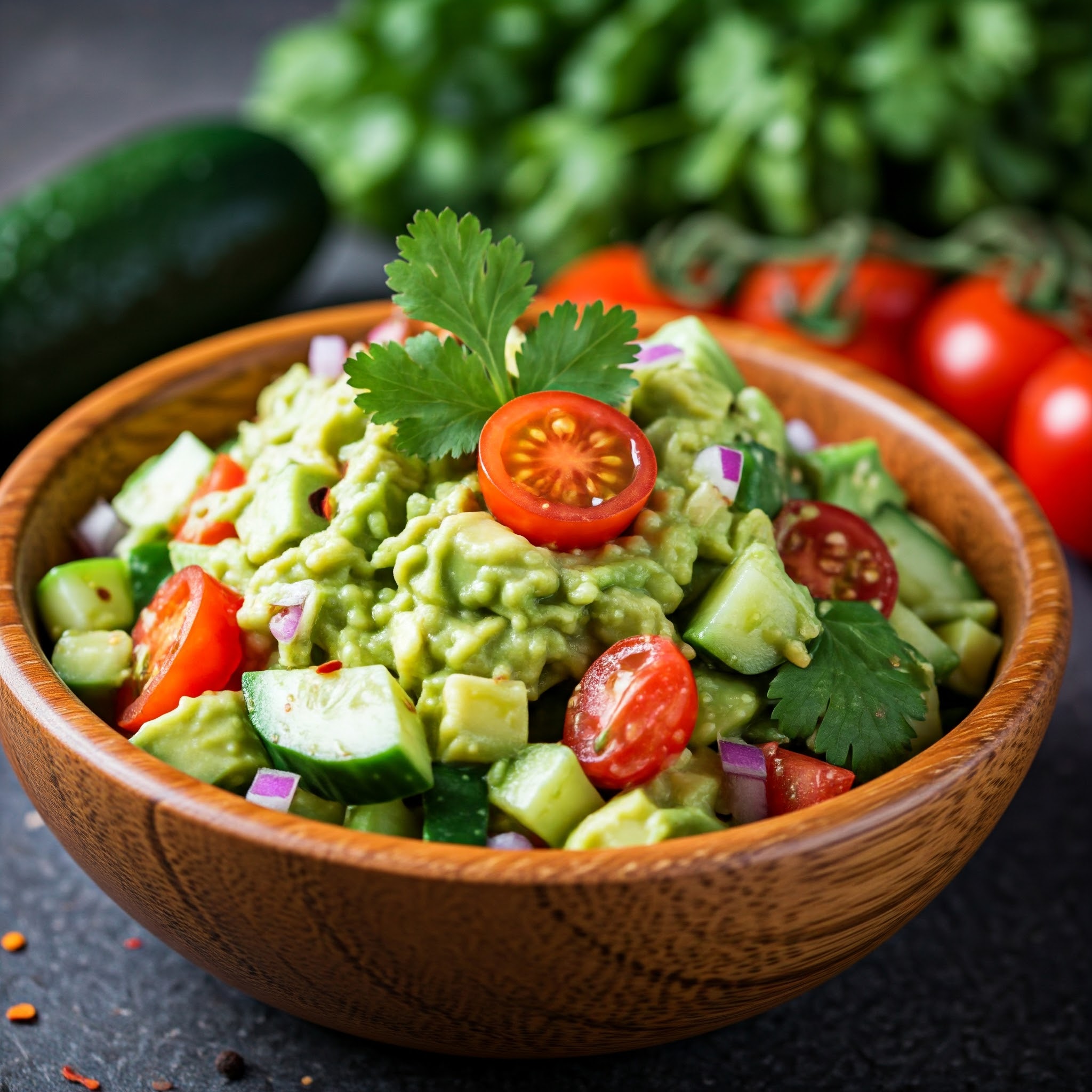 A vibrant avocado salad with diced veggies and creamy avocado | Add Healthy Dishes to your daily menu on planmeal