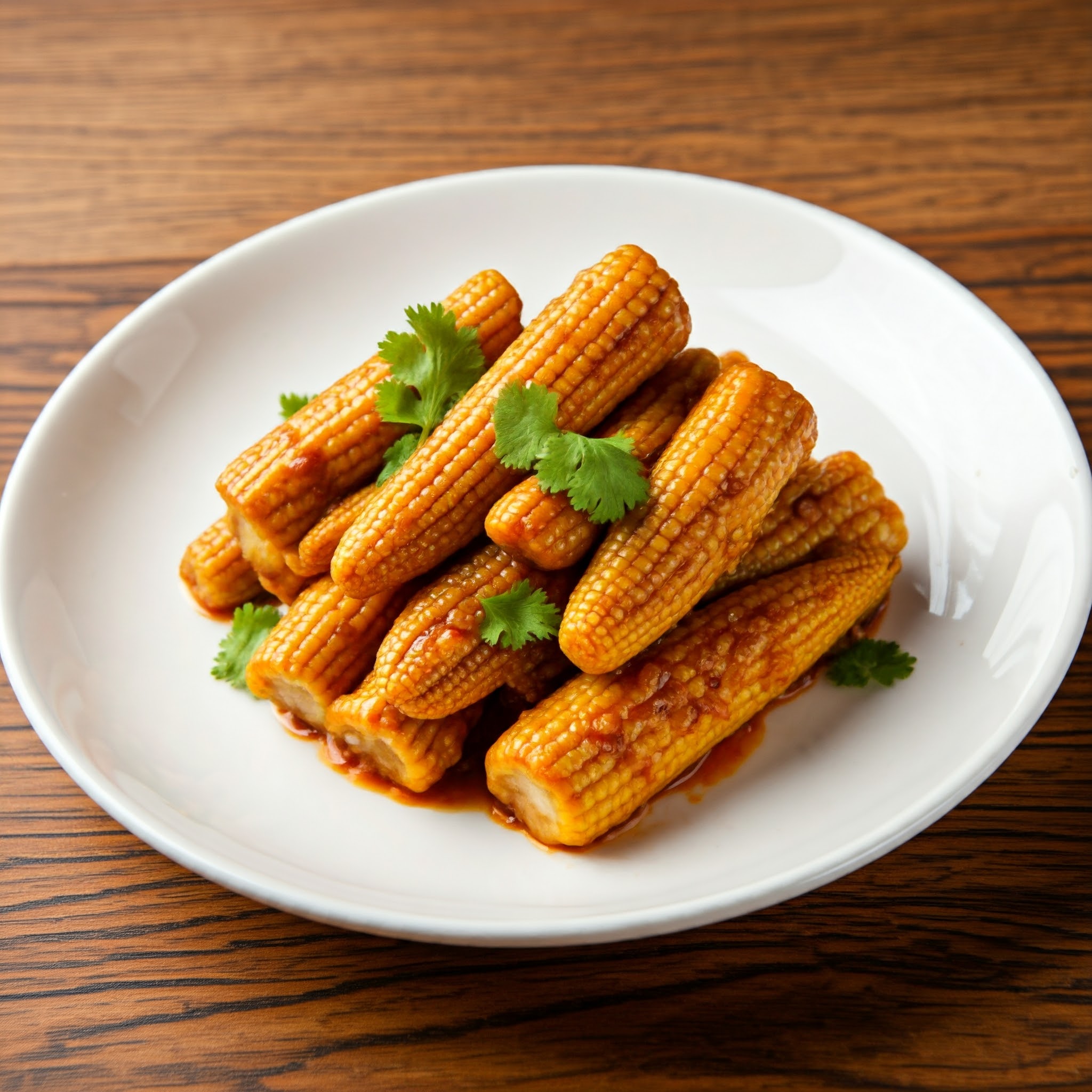 Crispy babycorn in a hot garlic sauce, garnished and ready to serve. | Planmeal