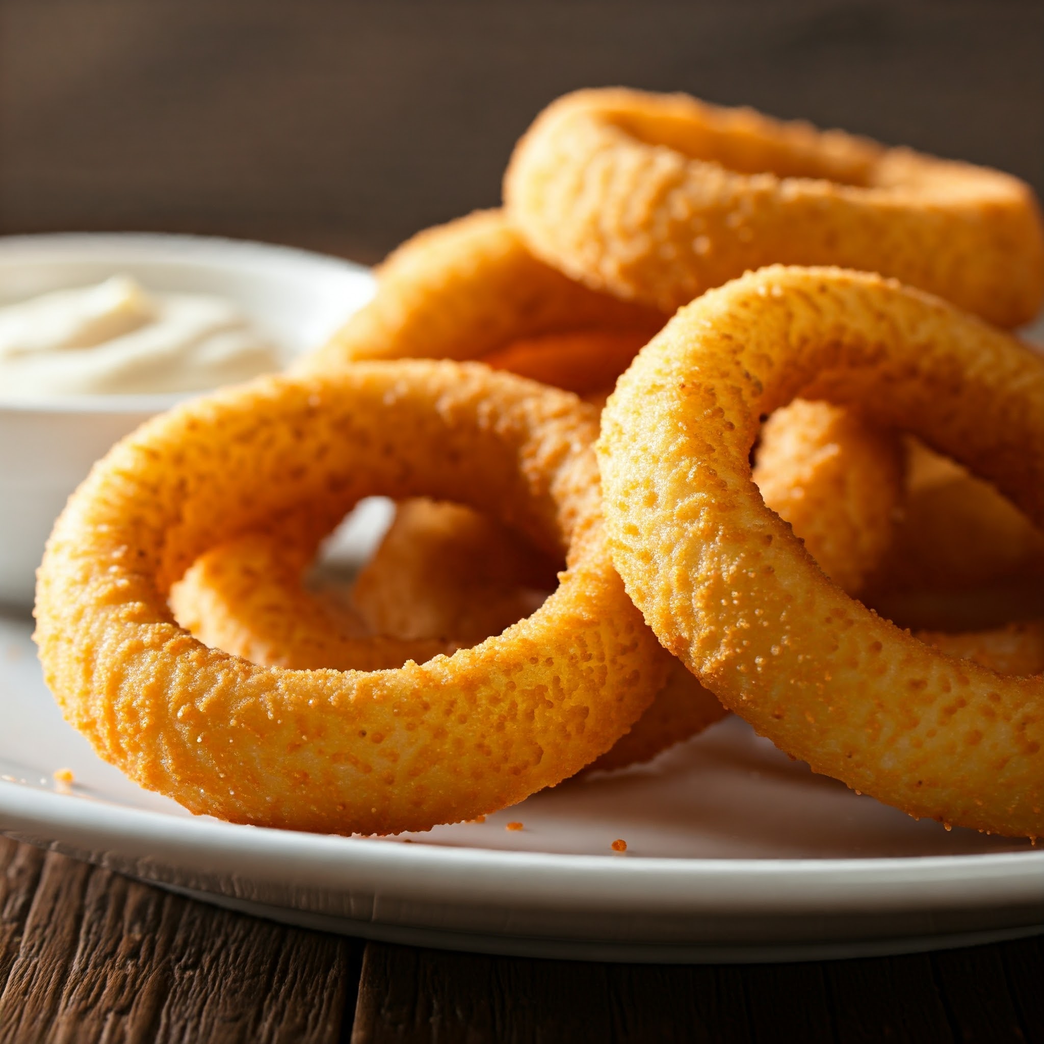 Crispy golden onion rings served with dipping sauce, golden brown and crunchy | Planmeal