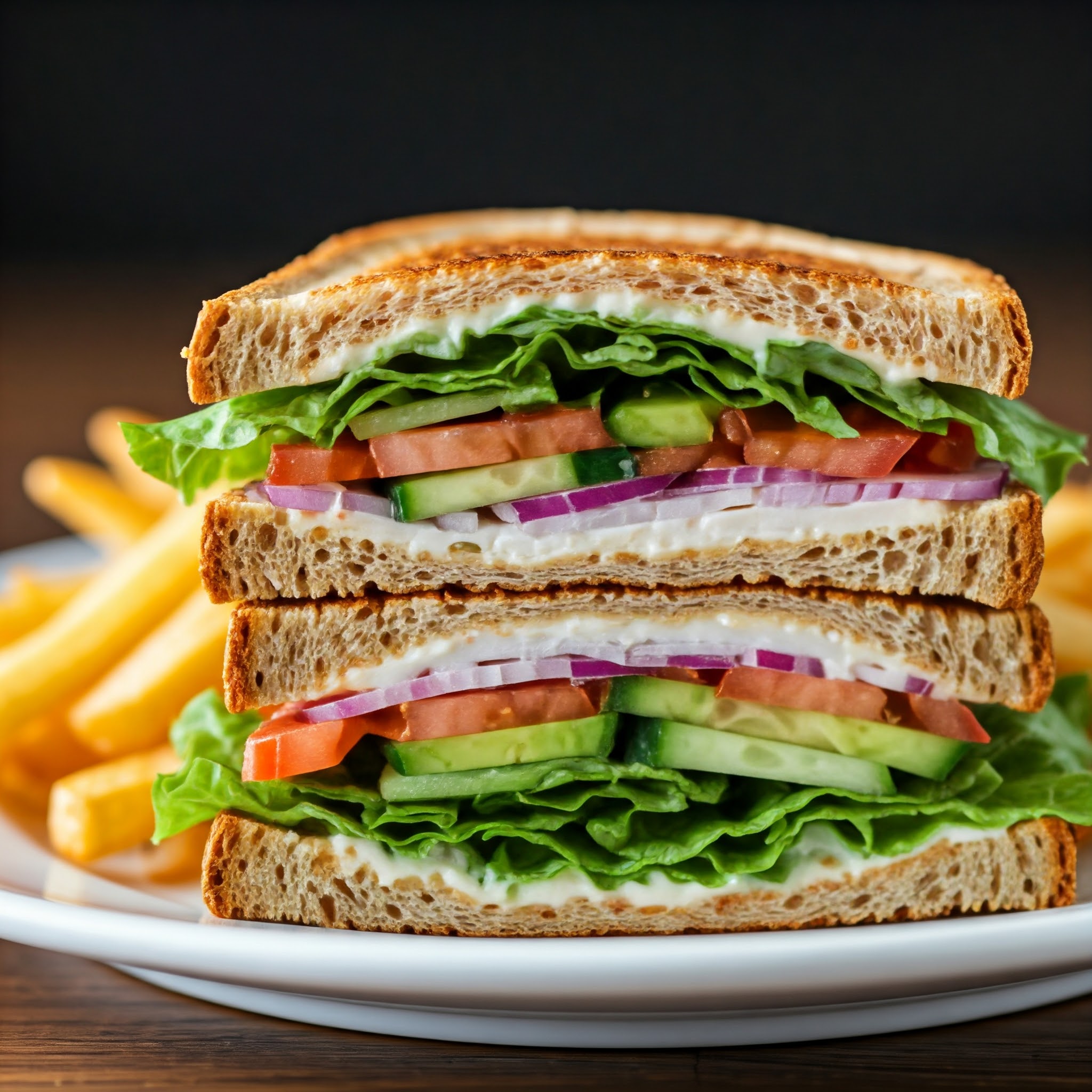 Healthy club sandwich recipe with veggies, cheese, and grilled bread.