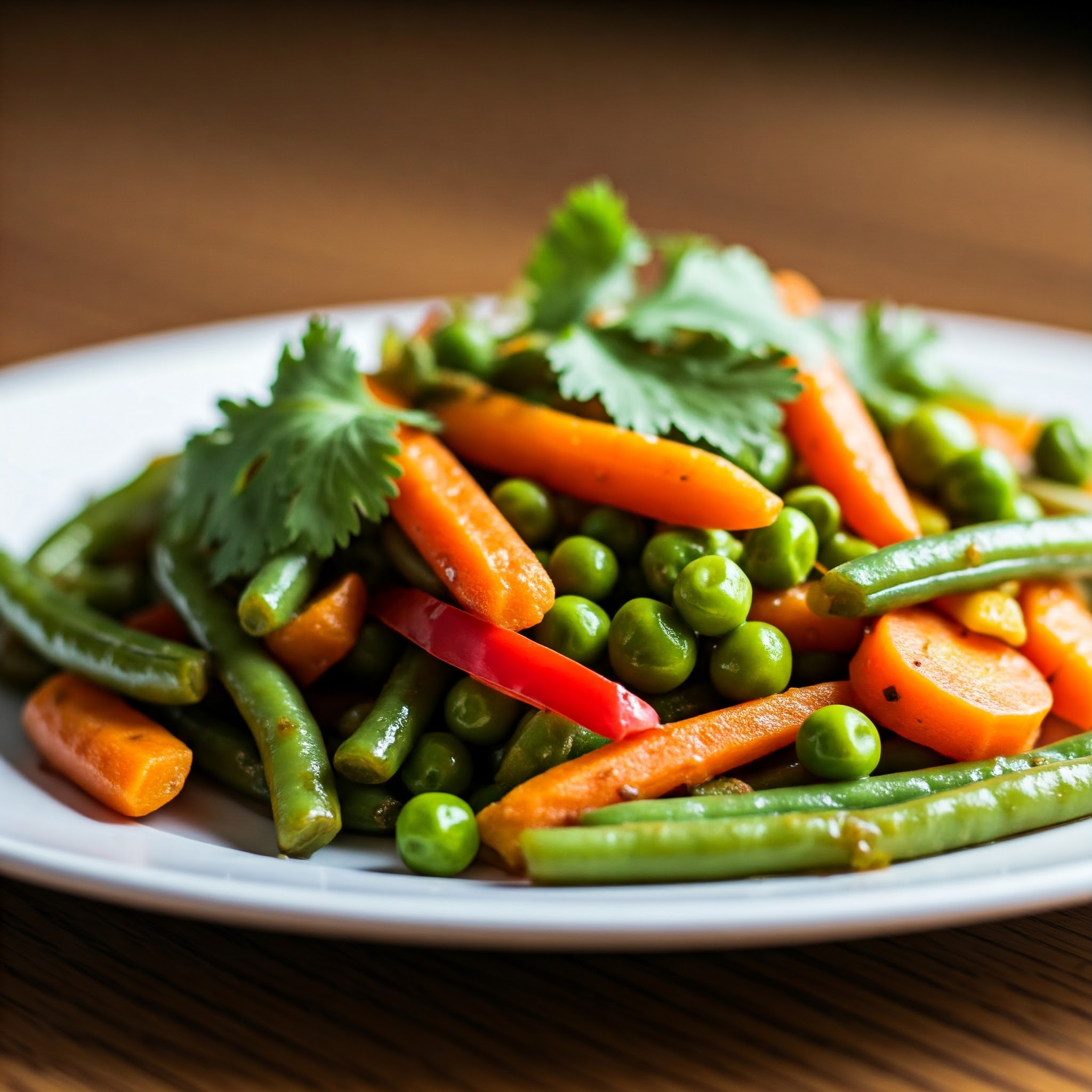 Stir-fried vegetables with colorful mix of carrots, beans, peas, and spices for a healthy meal option. | Planmeal