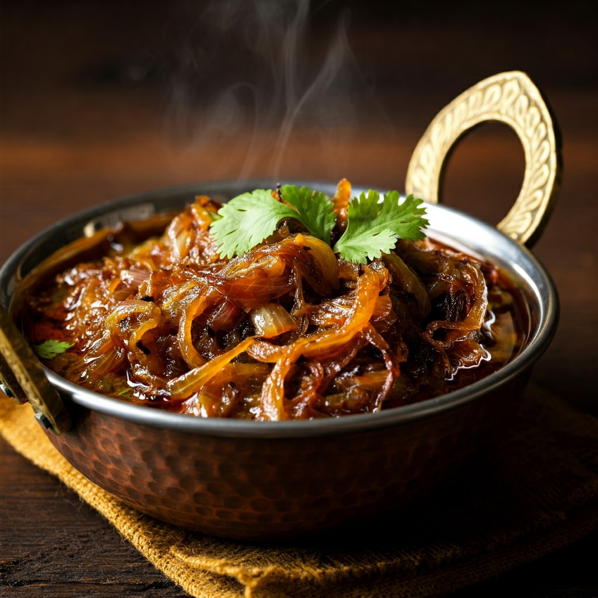 Onion curry in a bowl, garnished with coriander leaves | Planmeal - Menu Planner