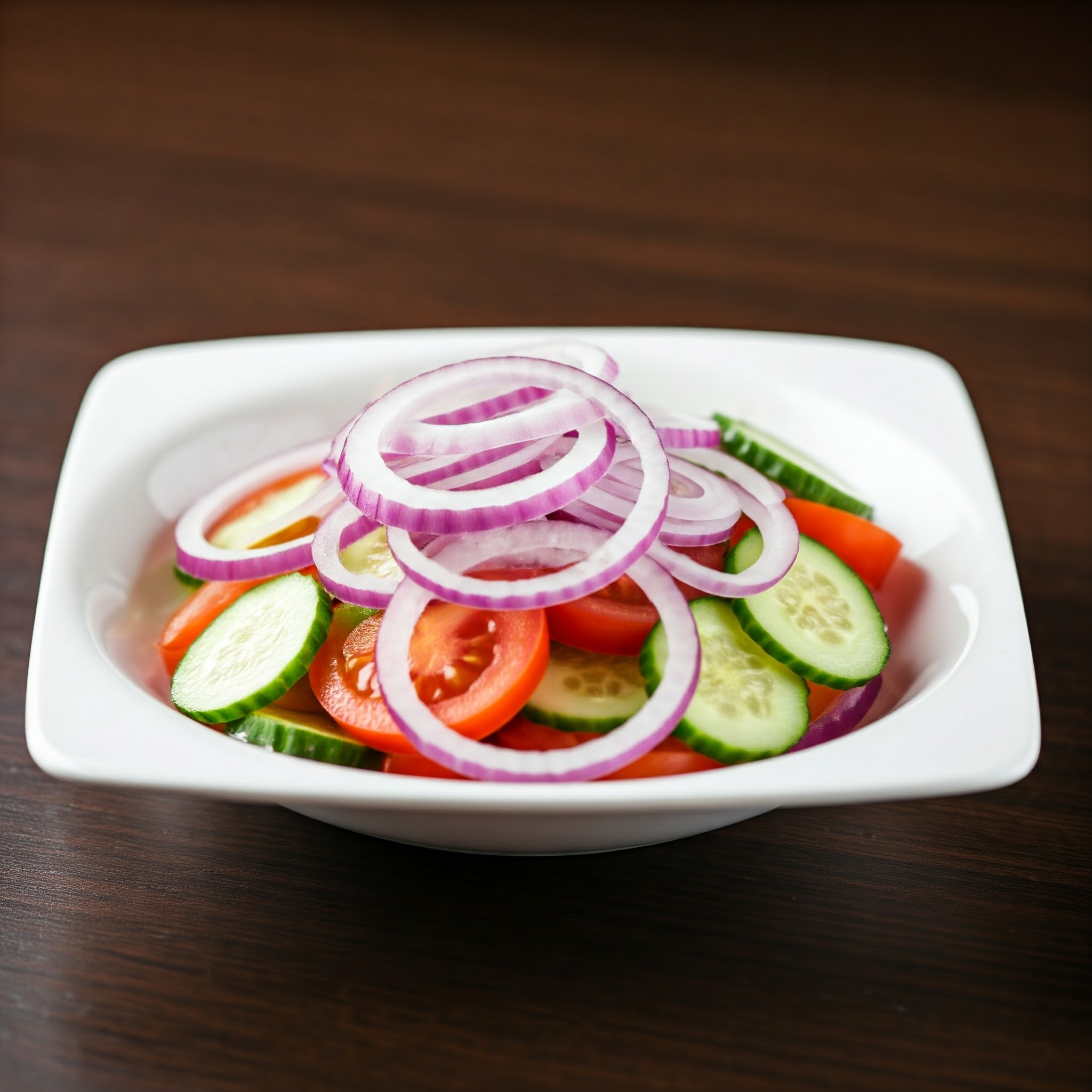 Fresh onion, tomato, and cucumber salad served in a bowl with light spices, perfect for a summer snack | Planmeal