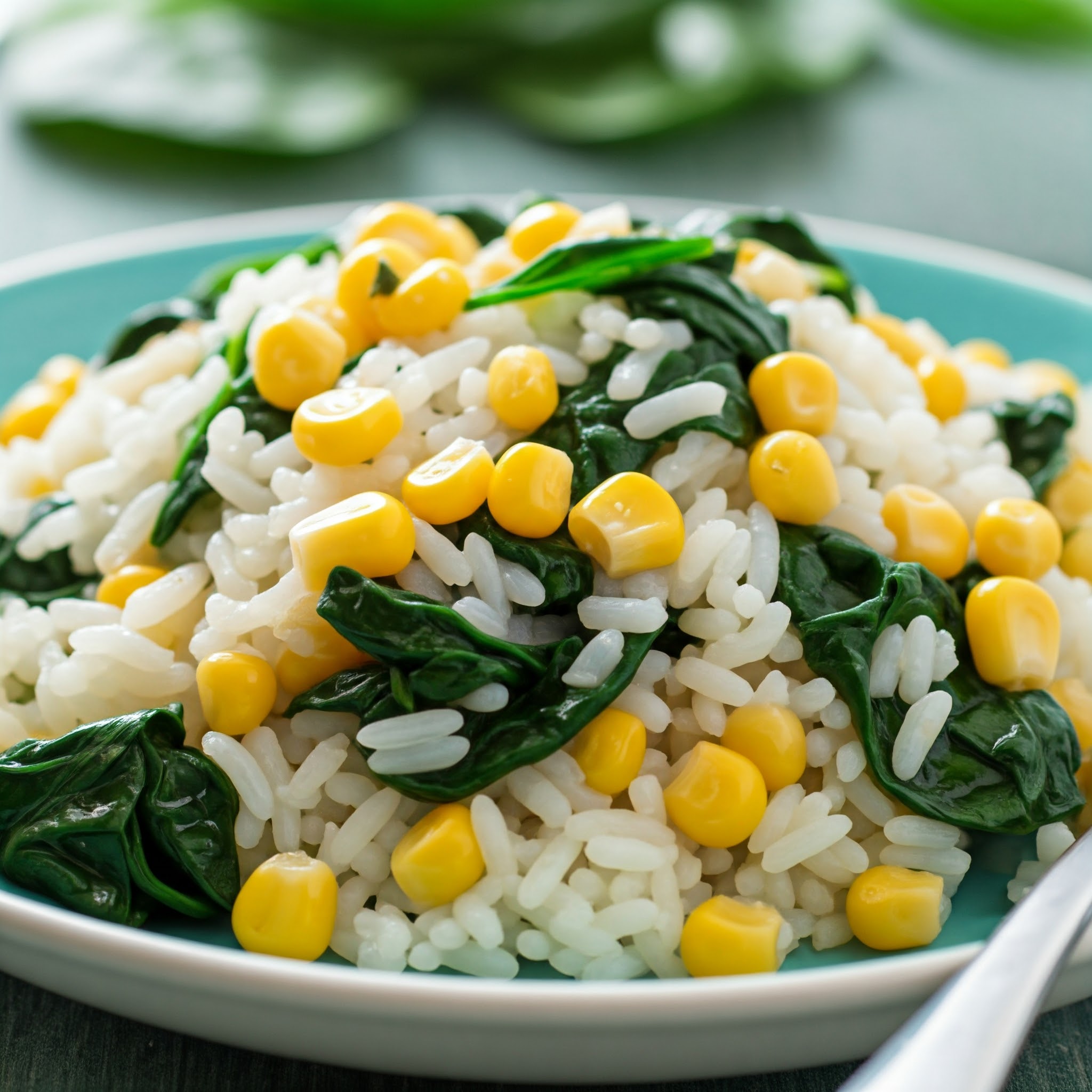 Spinach corn rice with fresh spinach, corn kernels, and fluffy rice served in a bowl | Planmeal - Meal Planner