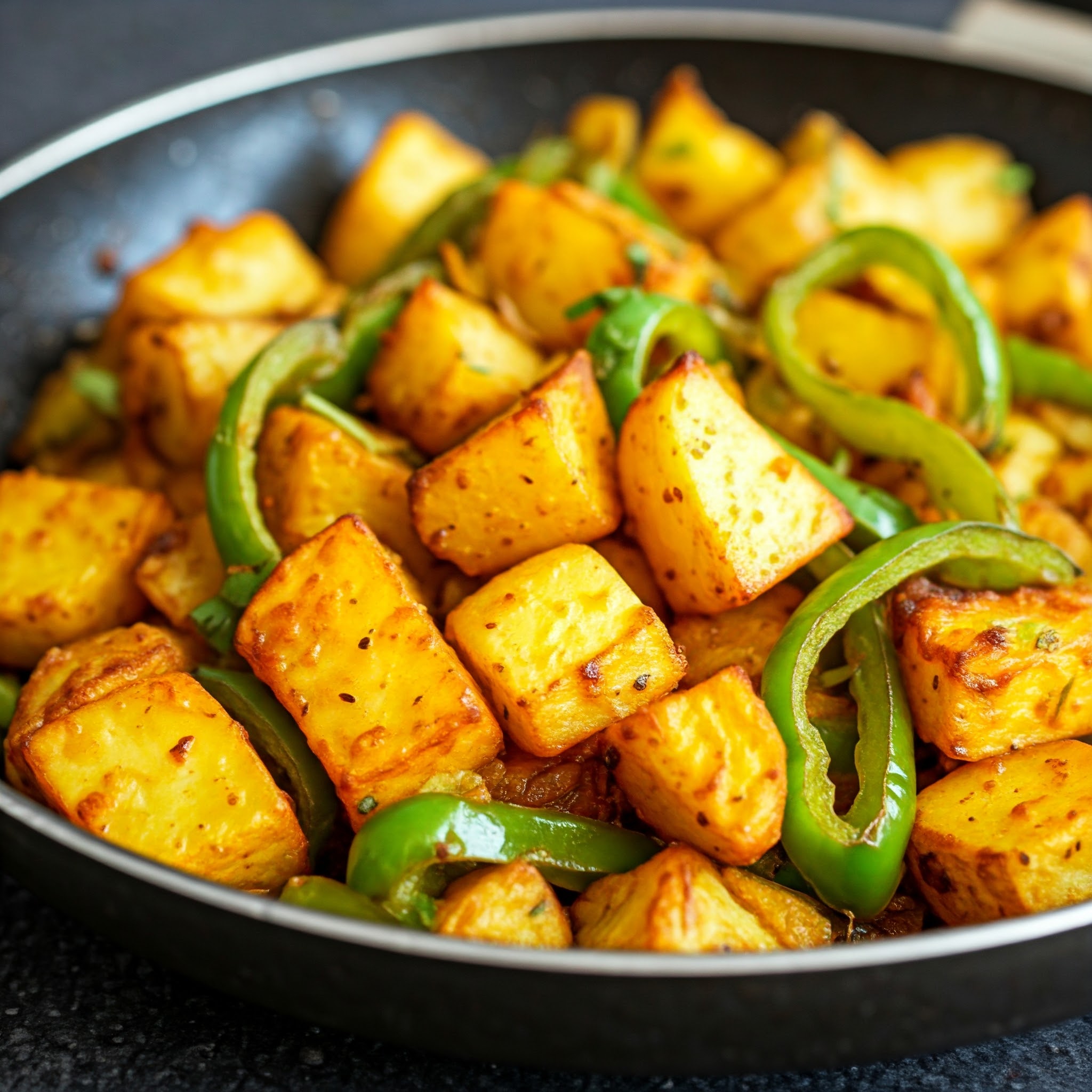 Stir-fried potatoes and bell peppers served in a bowl with vibrant colors and a crispy texture. | Plan your menu