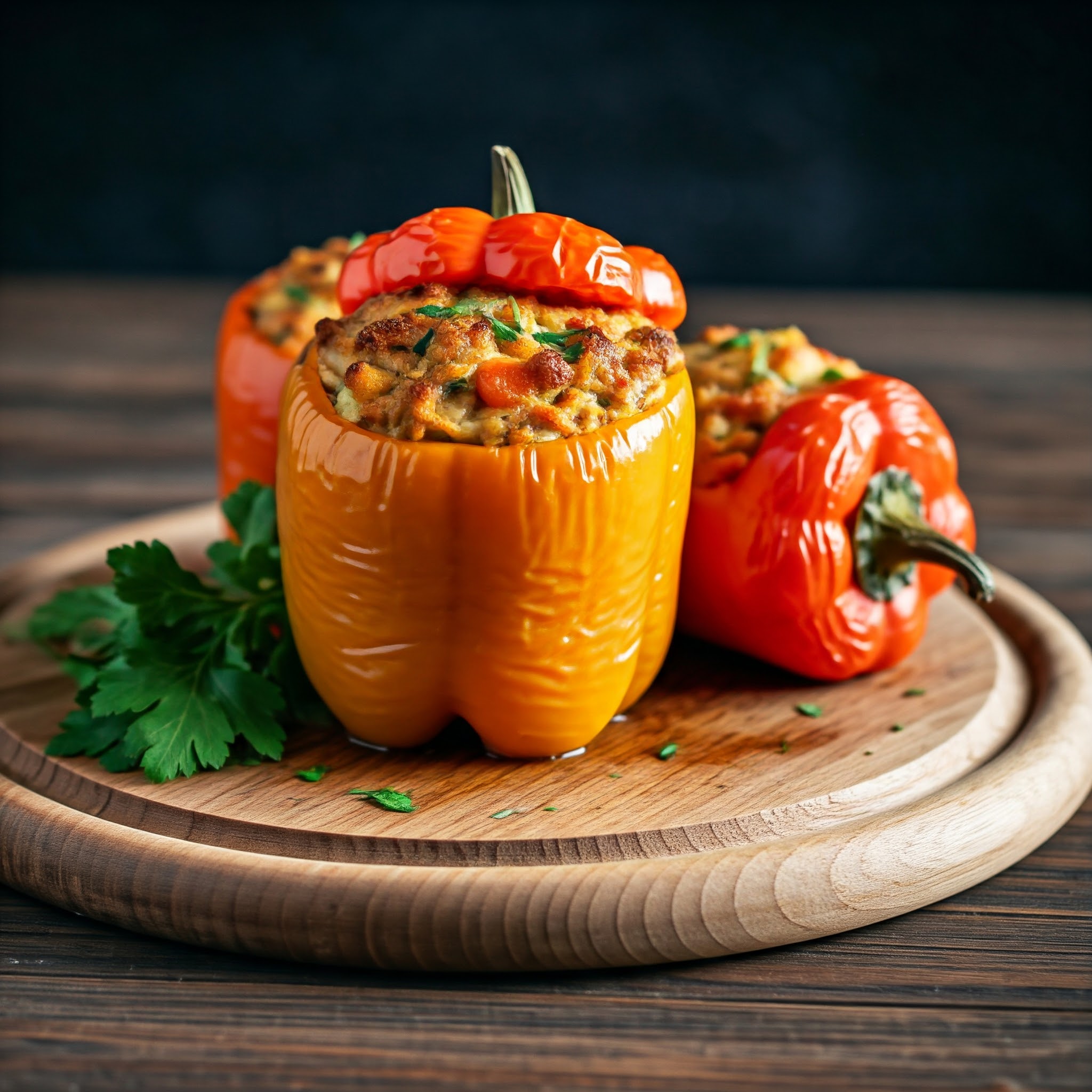 Stuffed bell peppers filled with healthy and flavorful ingredients, served on a plate. A nutritious, savory dish.