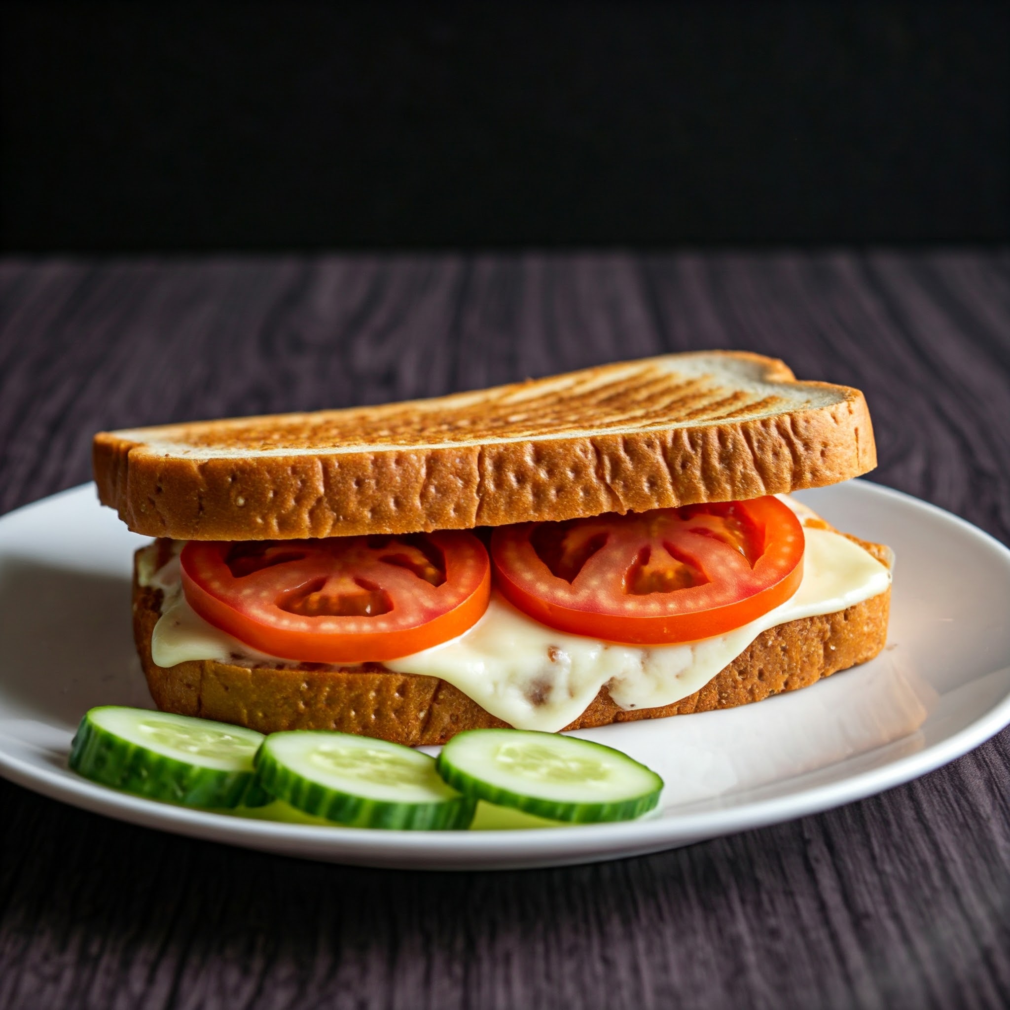 Tomato cheese sandwich made with fresh vegetables and melted cheese. | Plan your daily menu online with Planmeal