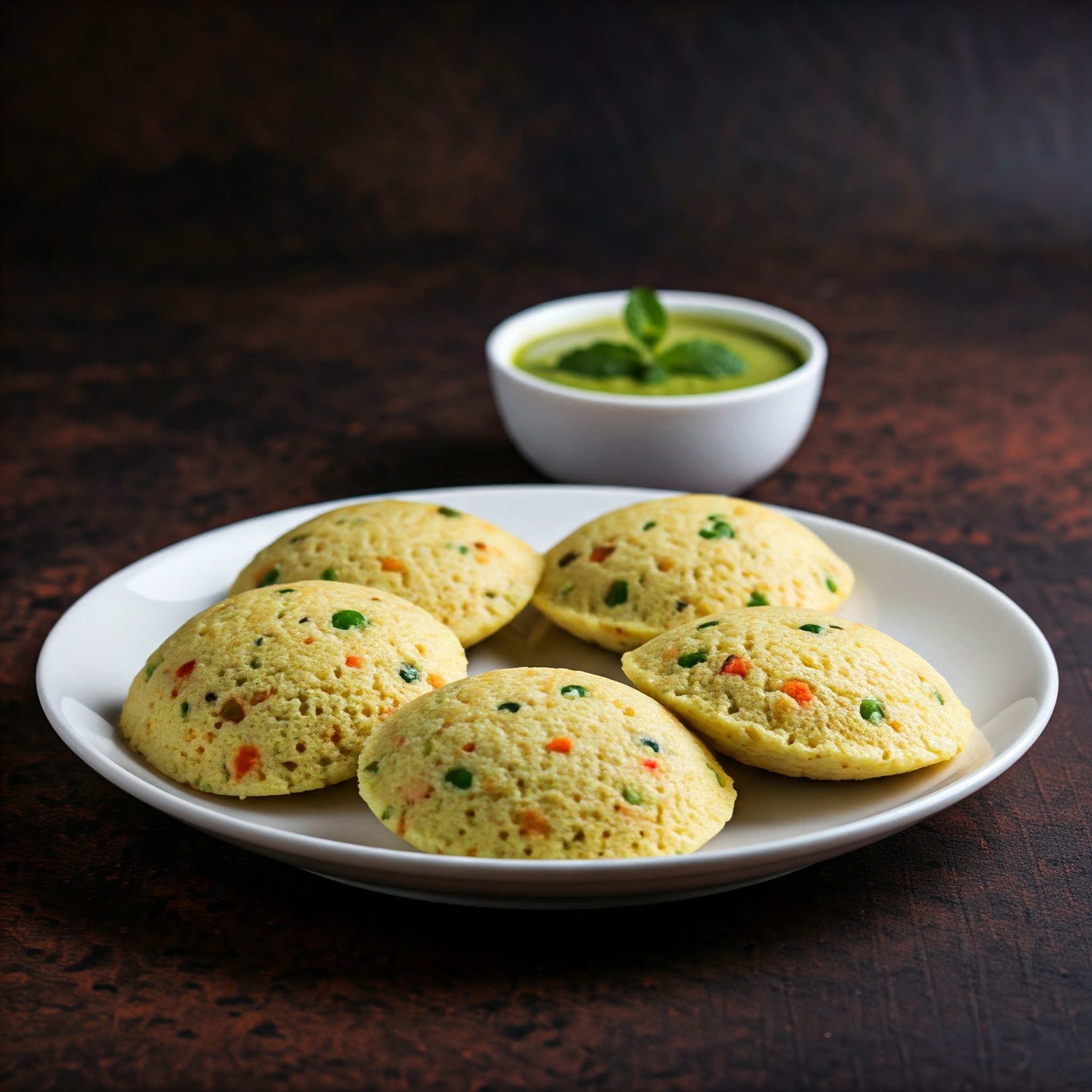 Steamed veggie idli with a side of tangy chutney and sambar on a white plate | Planmeal