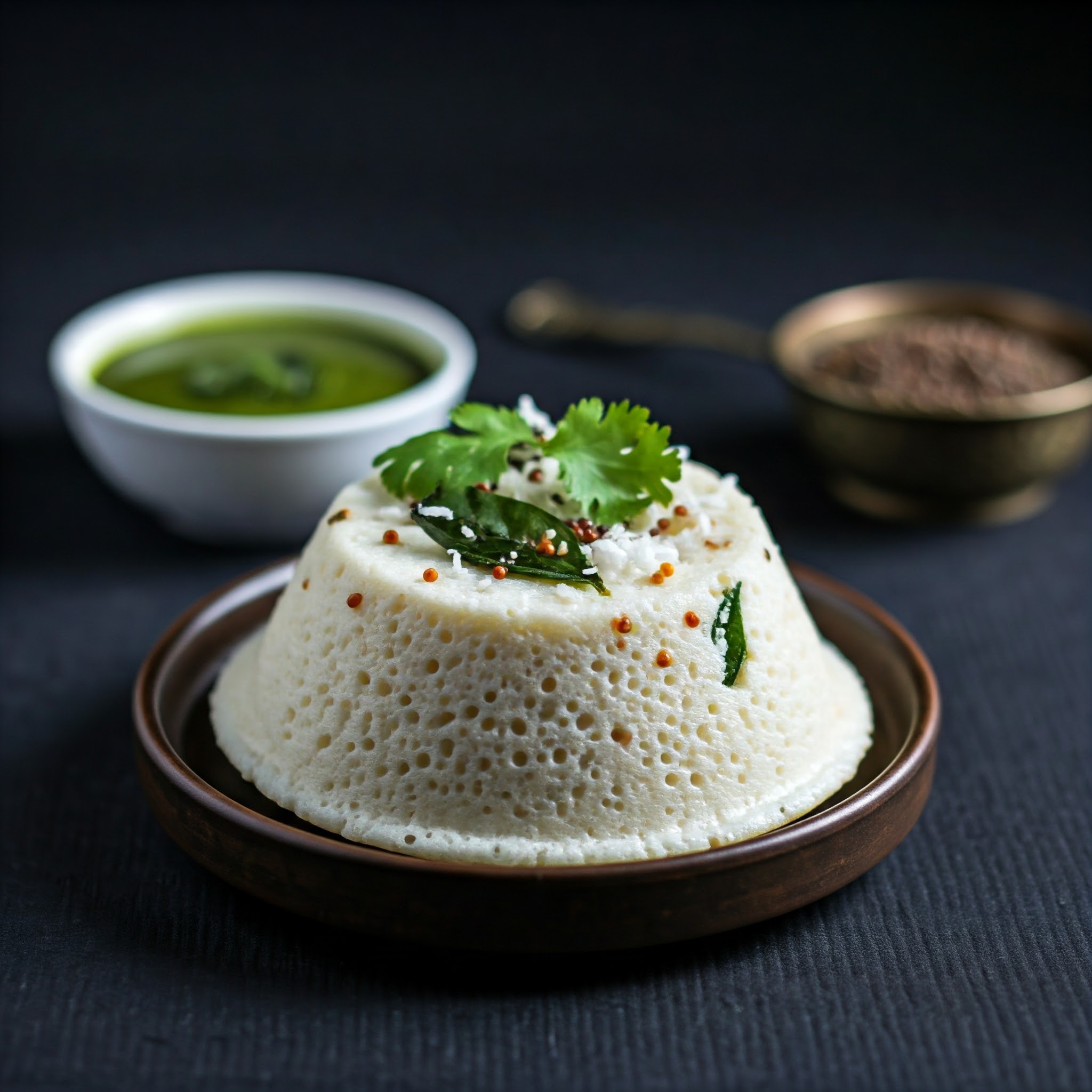 Delicious white steamed rice cake served with chutney, garnished with coriander and mustard seeds. | Planmeal